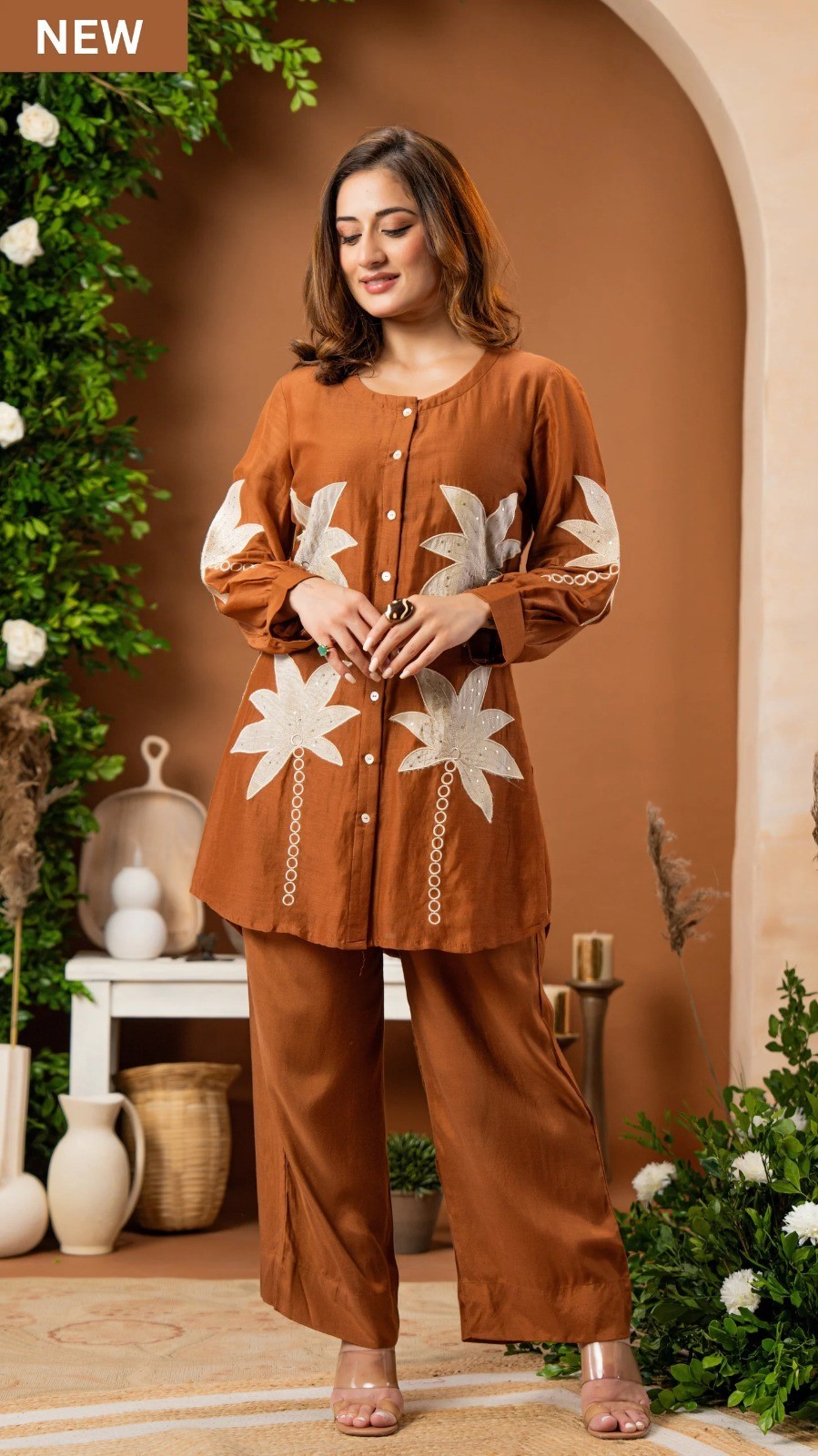 Women Cotton Flex Embroidered Co Ord Set Brown Shirt Top Wide Leg Pant Outfit