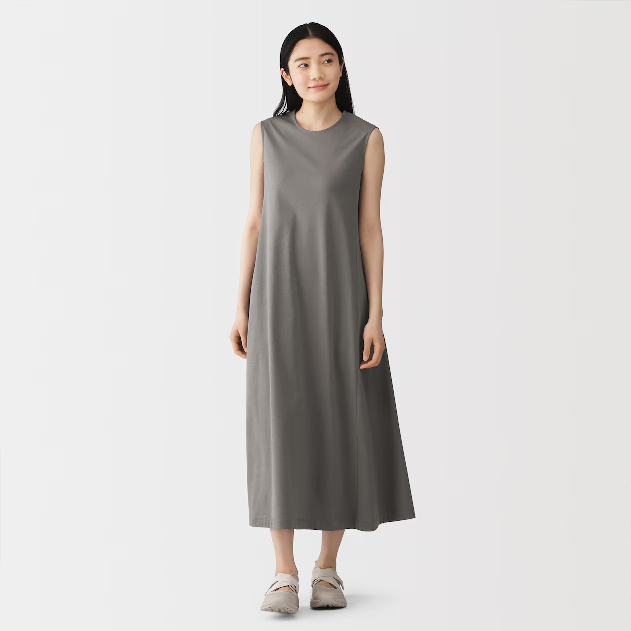 MUJI Womens 100% Organic Cotton Cool Touch Sleeveless Dress Khaki Green FedEx