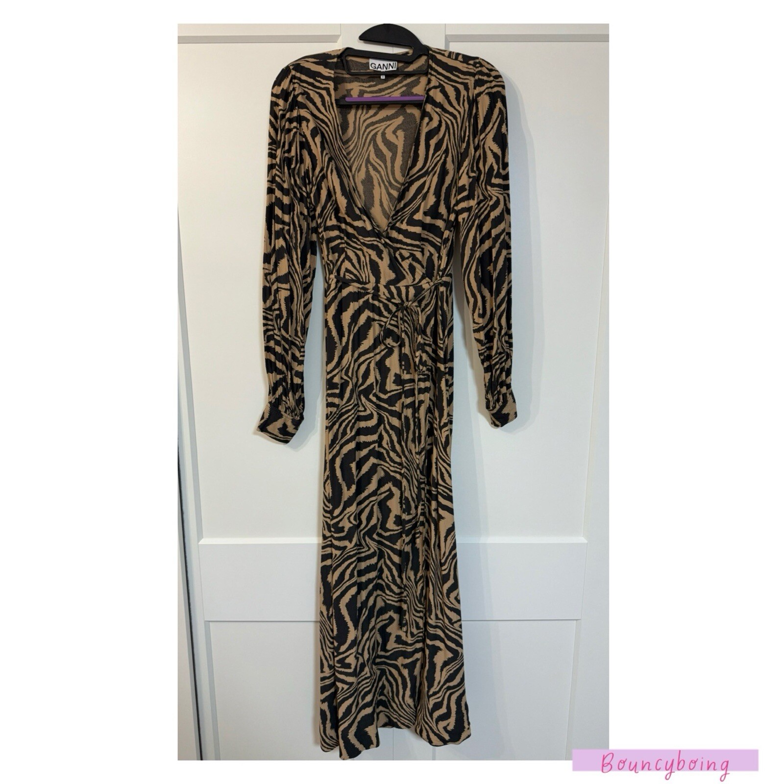 Ladies Ganni EU 38 UK 10 Animal Print Wrap Long Dress Long Sleeve Brown Tan