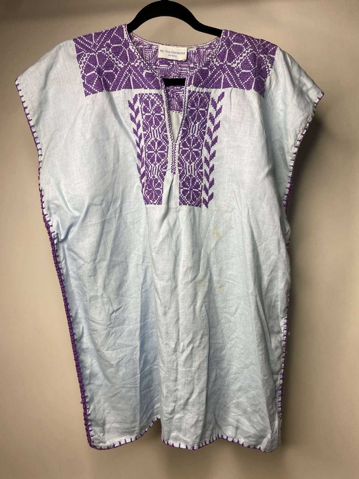 *flaws* Mi Golondrina Mexico Women’s O/S Blue Embroidered Tunic Dress Boho