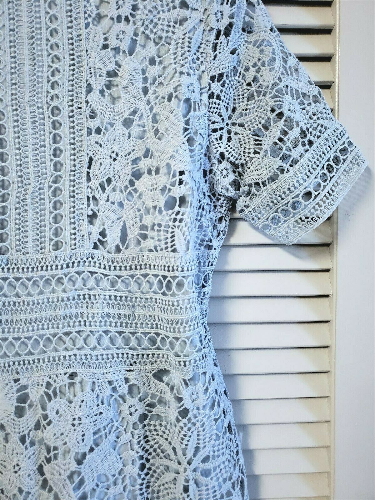 She + Sky Women Crochet Lace Lined Dress, Short Sleeve, Size S, Light Blue