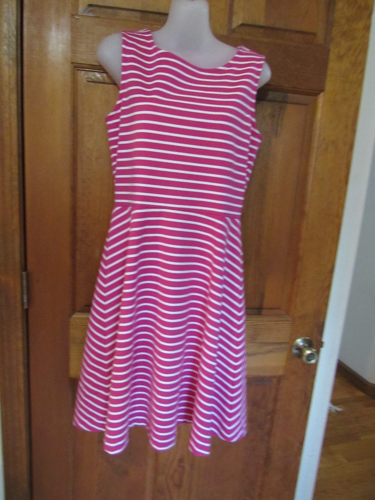 $150 TALBOTS Nautical Dress Rayon Pink White Stripes Sleeveless M 8 10 36″ 37″