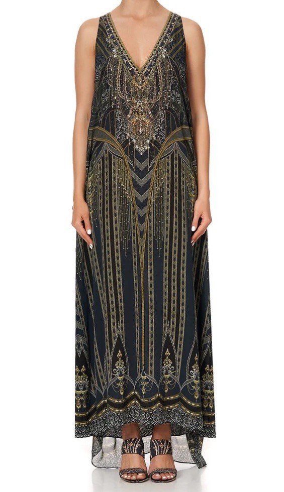 Camilla Long Multiwear Dress Great Scott Silk Kaftan Crystals Black Gold $749