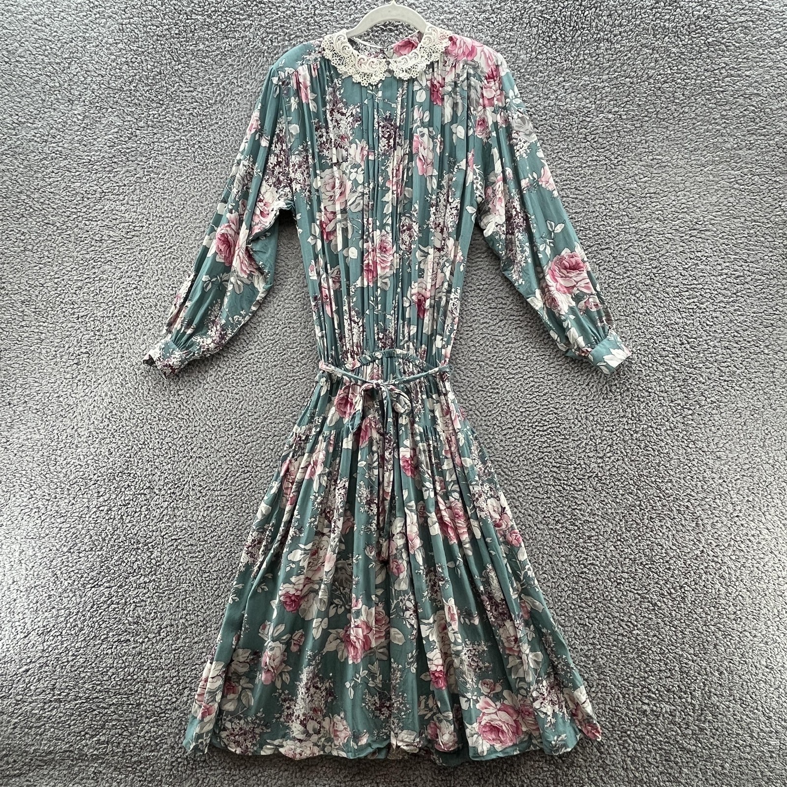VTG Carole Little Dress 8 Green Floral Pleated Lace Collar Retro Cottage