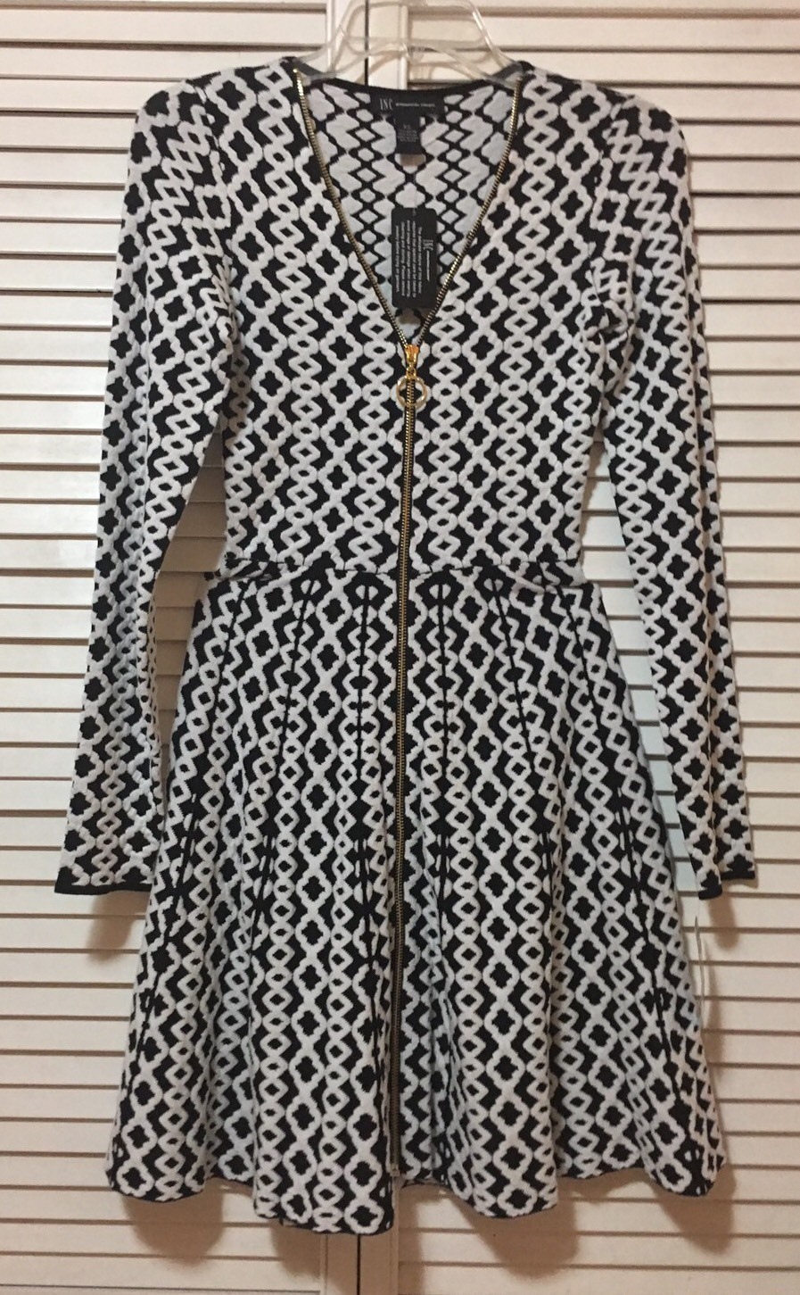 INC International Concepts Printed Zipper Front Sweater Dress Black XS,S,M