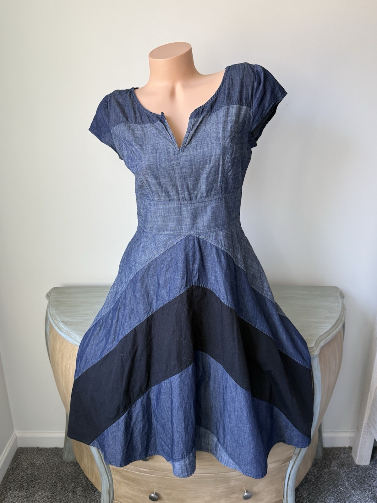 Chambray Dress Short Sleeve eShakti Artsy Boho Chevron Chic Cottage Blue Sz 8 M