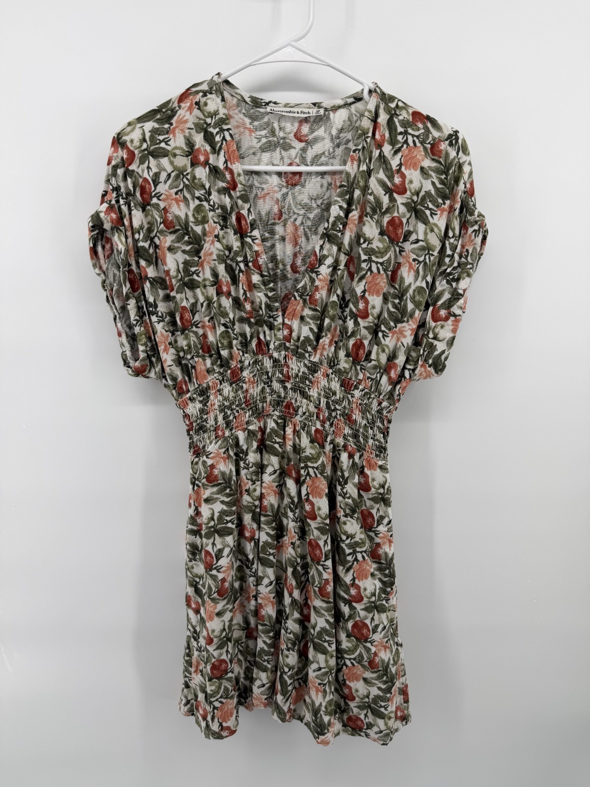 Abercrombie & Fitch Floral Cherry Dress Women S Rouched Waist V Neck Mini Linen