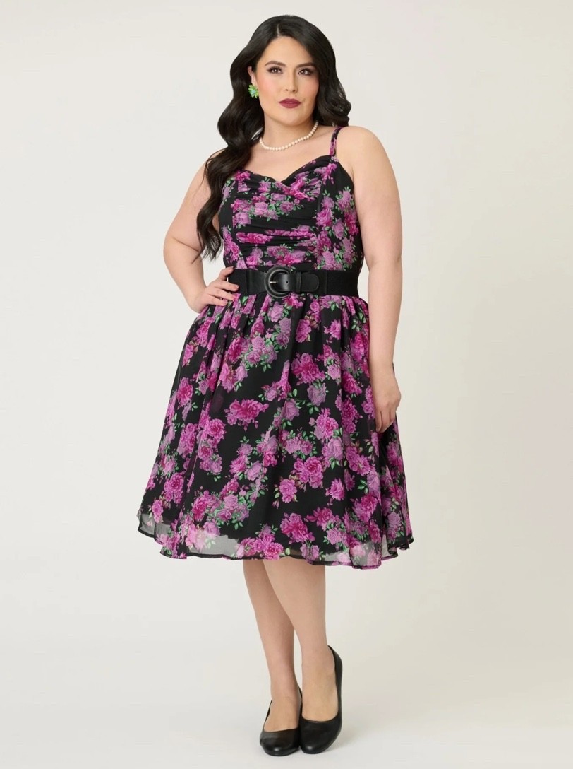 UNIQUE VINTAGE BLACK & PURPLE FLORAL REED SWING DRESS – NEW – REG AND PLUS SIZES