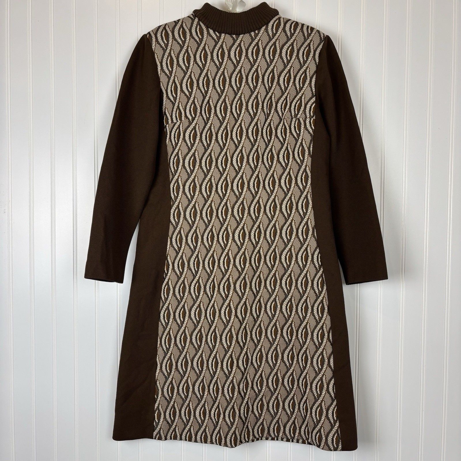 Vtg Womens Bleeker Street Brown Geometric Dress Sz 14 (M/L) Mod Mad Men Retro