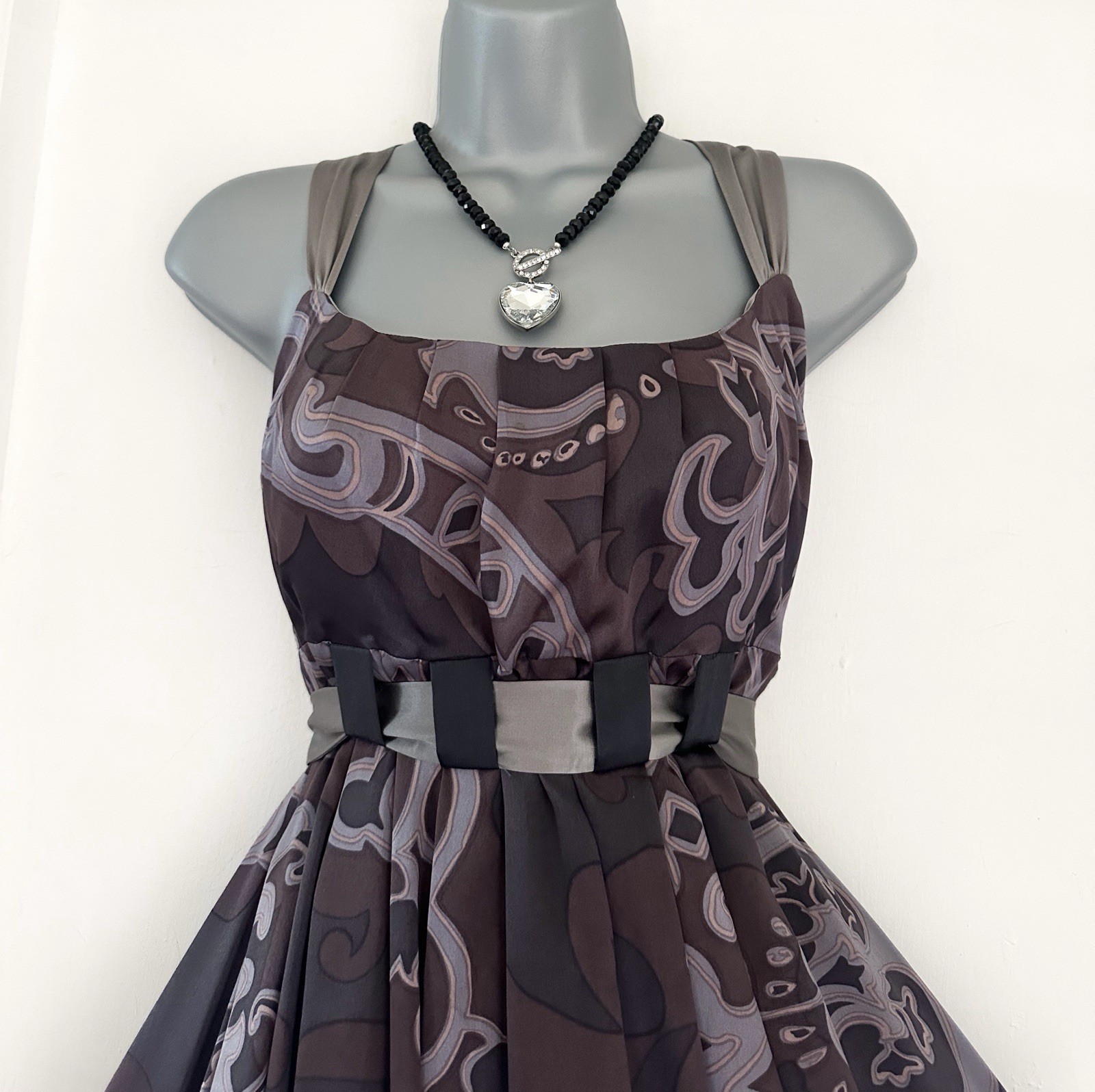 Mink Bikini 100% silk grey/brown printed belted occasion knee length dress 12