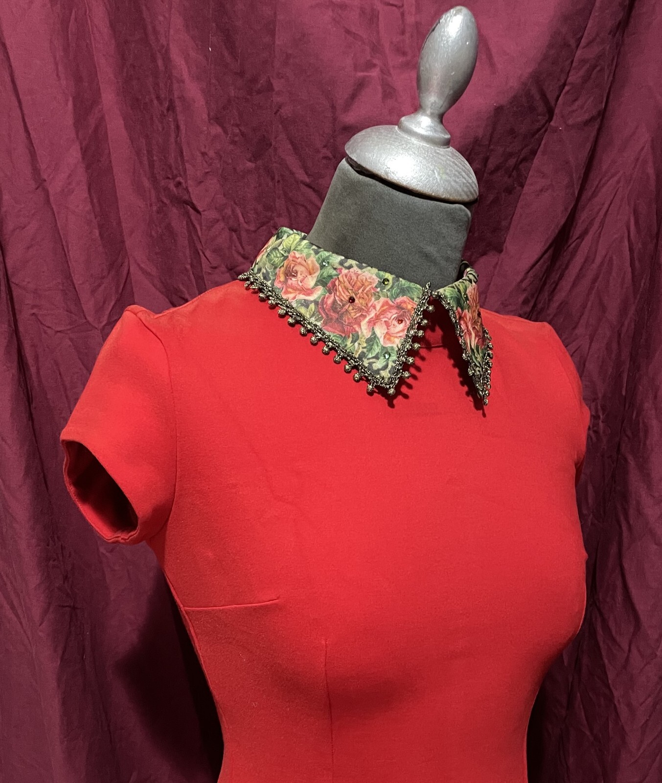 Dress Michal Negrin Red Collar with flowers very rare collector’s item 38 Israel
