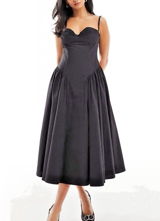 Extro&Vert Women’s Black Cotton Poplin Midi Dress Corset Sweetheart Neck Sz8-NEW