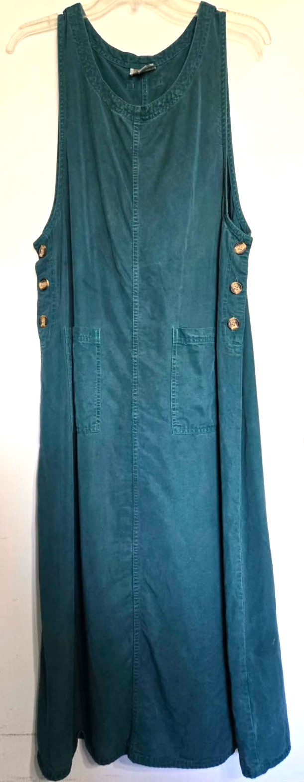 Amy K Su AKS Tencel Pinafore Jumper Maxi Buttoned Pockets Green Dress L Pet A900