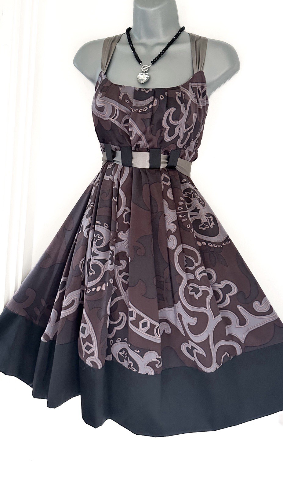 Mink Bikini 100% silk grey/brown printed belted occasion knee length dress 12