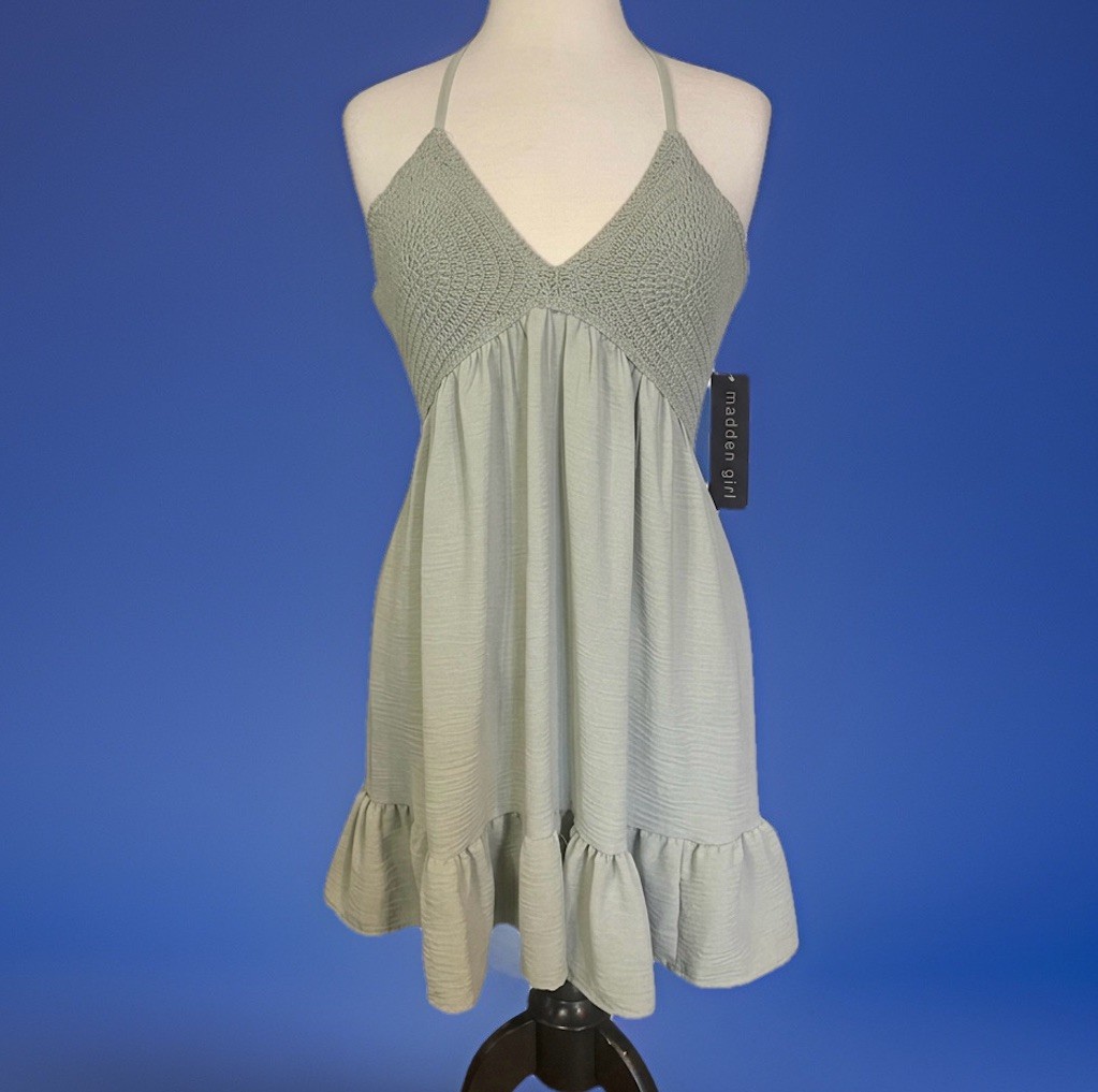 Madden Girl Crochet Halter Mini Dress Sage Green NWT Boho Festival Ruffle Size L