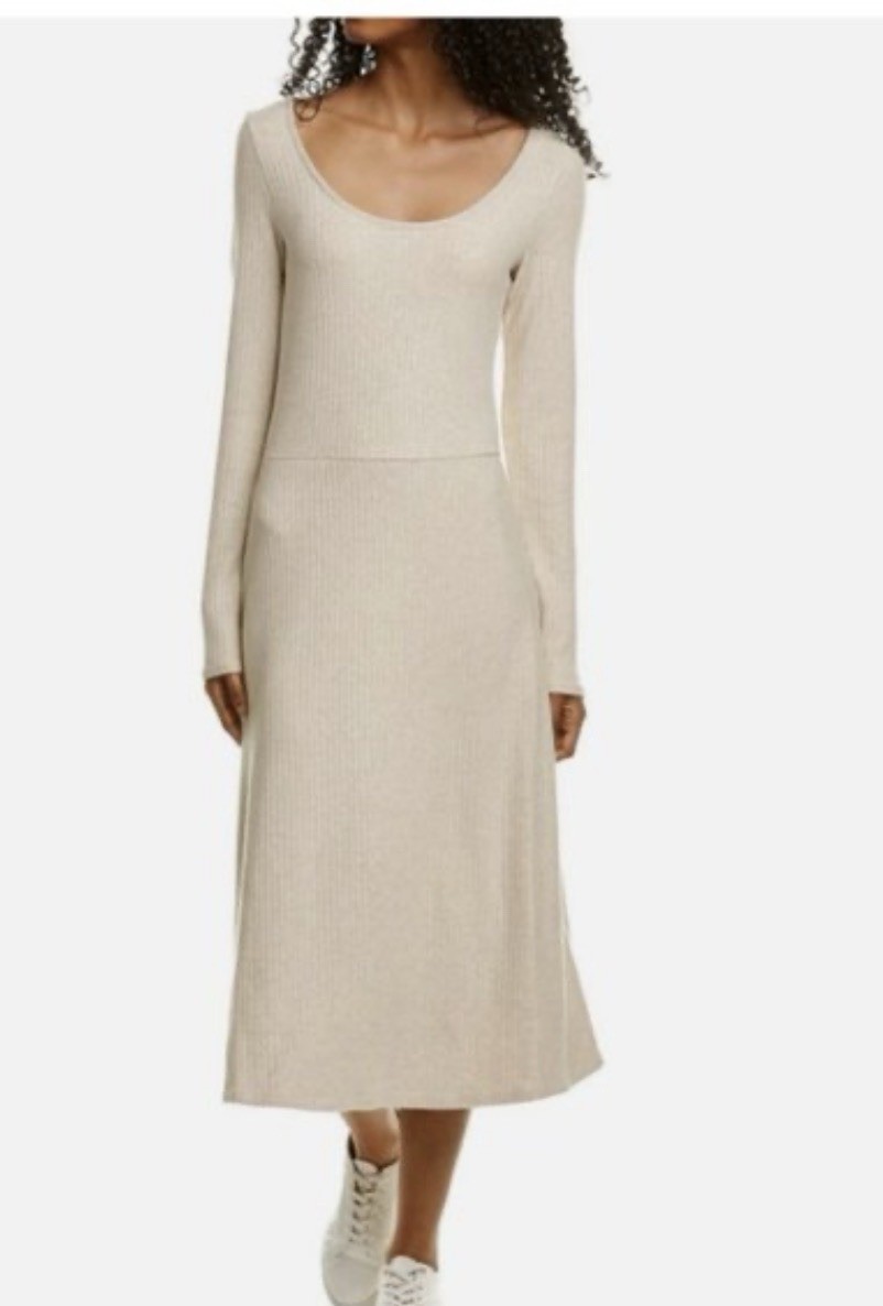 VINCE Long Sleeve Ribbed Scoop Neck Knit Midi Dress Women M Heather Beige NWT