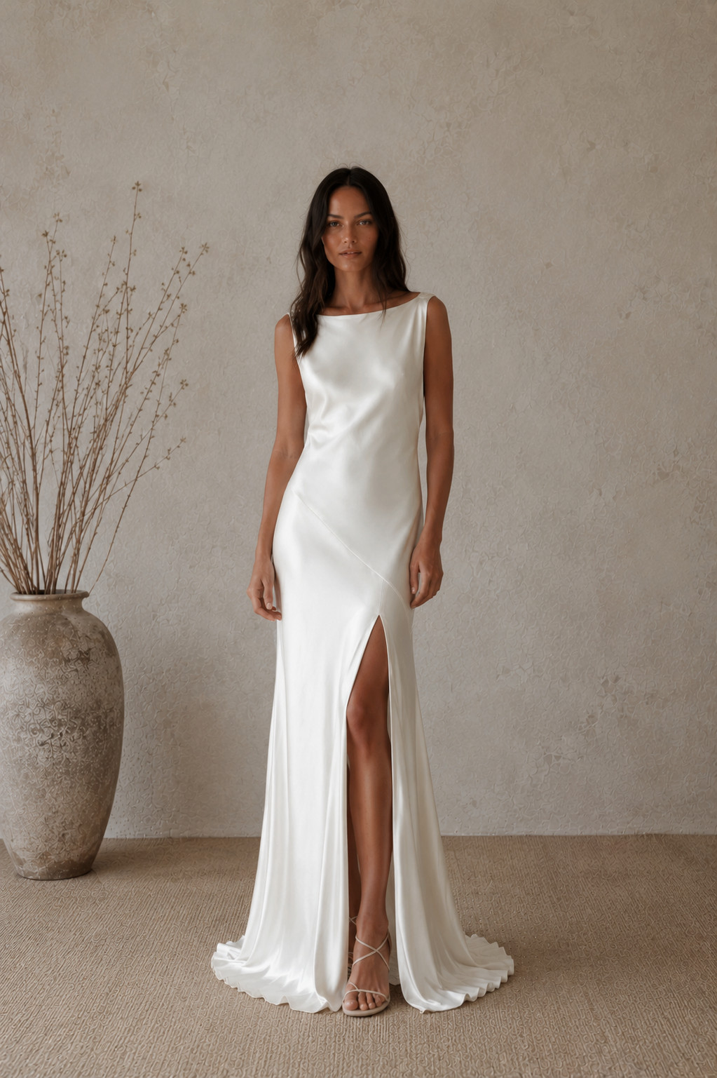 Luxury White Satin Maxi Dress for Women | Elegant Sleeveless Slip Gown with High