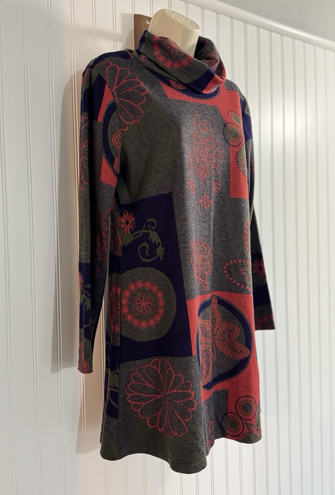 RADZOLI Soft Knit Cowl Neck Swing Dress Artsy Floral Butterfly Boho Tunic L