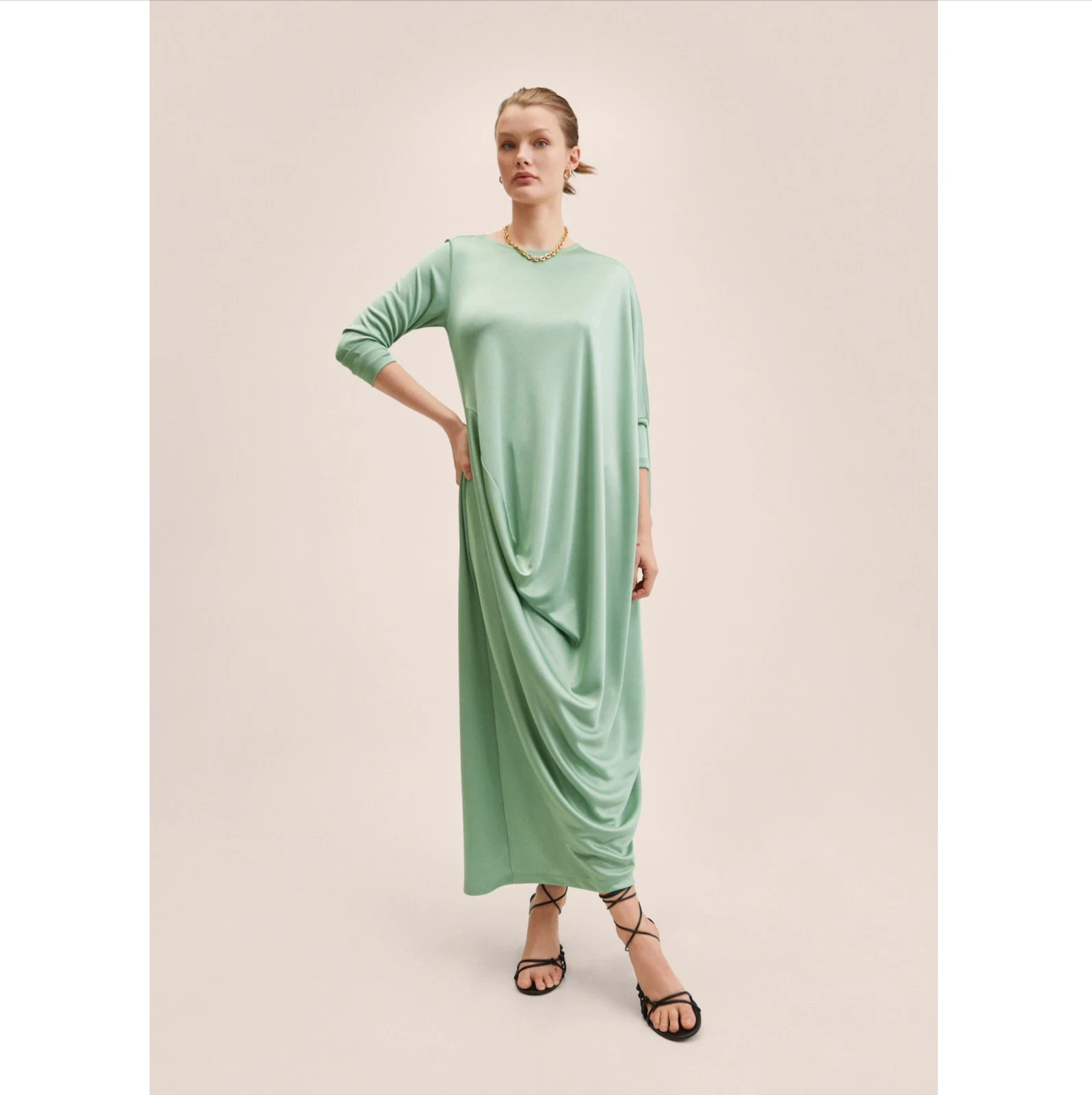 Mango Mint Green Asymmetric Draped Maxi Dress Sz8 Long Sleeve Ramadan Collection
