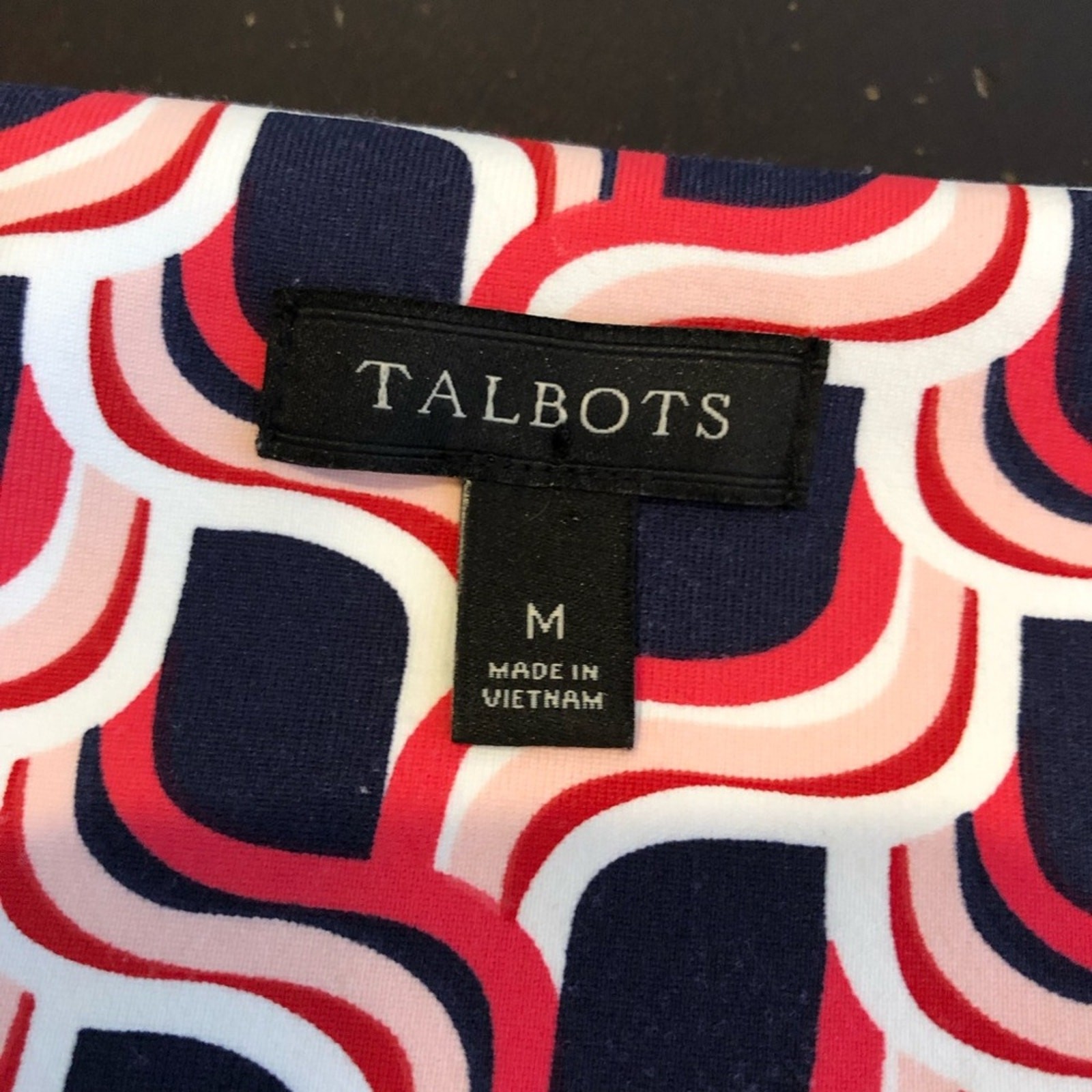 Talbots navy pink white geometric print faux wrap midi dress size Medium