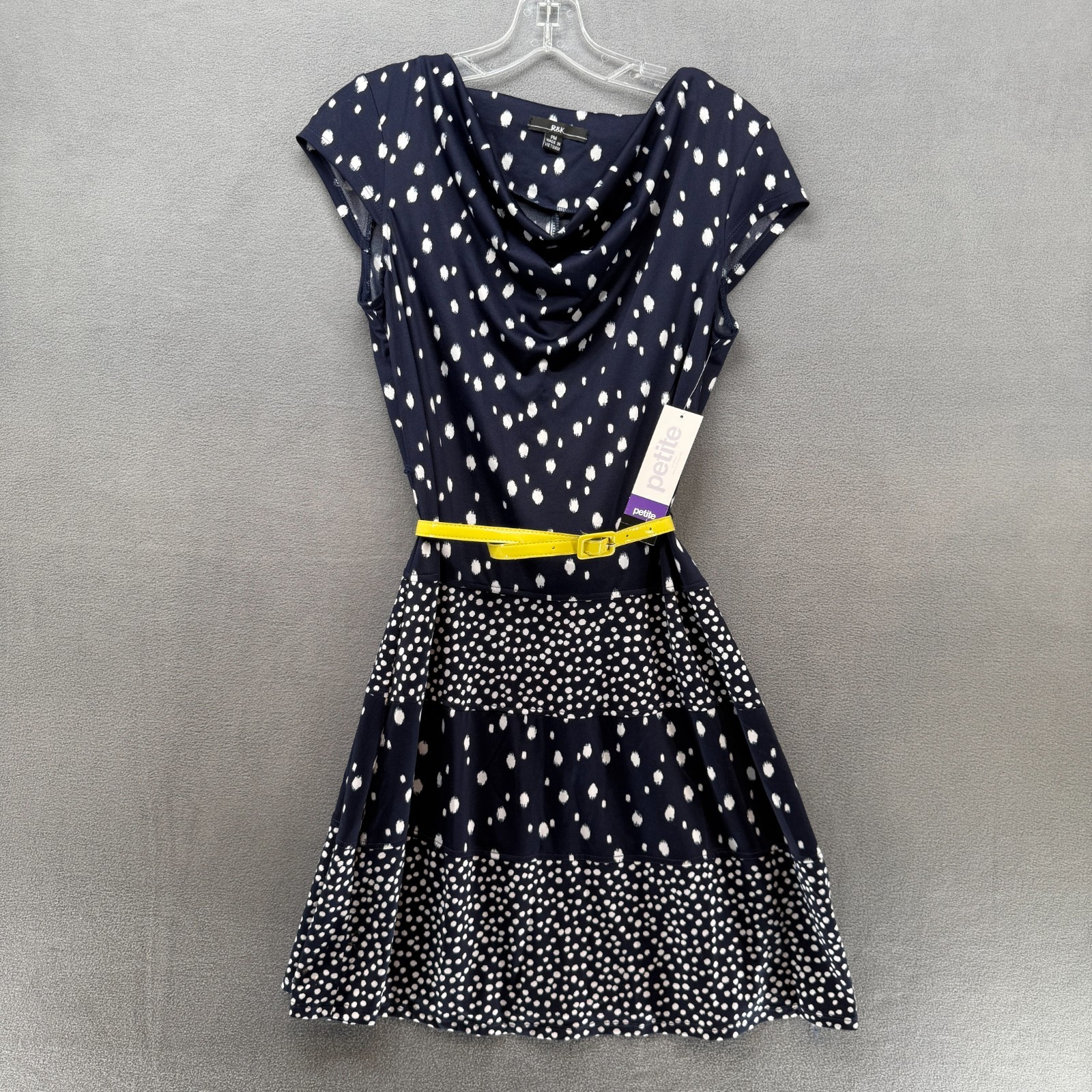 R&K Originals Dress Womens PM Navy Blue White Polka Dot A-Line Belted NWT