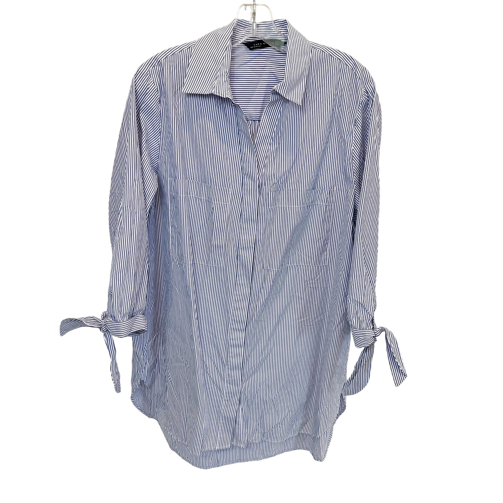 Zara Blue Striped Shirt Dress Tunic Tie Cuff Coastal Preppy Quiet Luxury Size XL