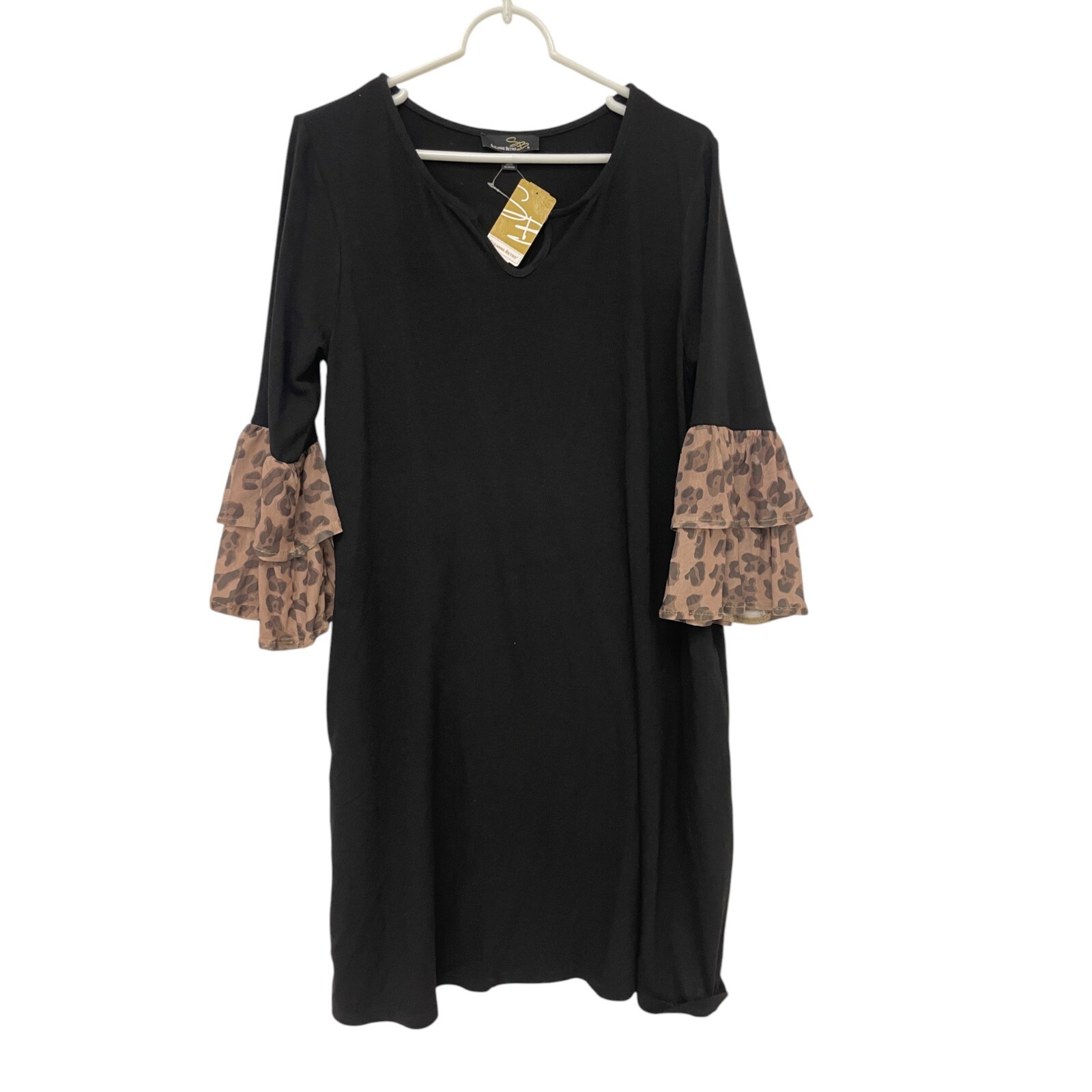 Suzanne Betro Black Split Neck Tunic Dress Size L Leopard Ruffle Sleeve NWT