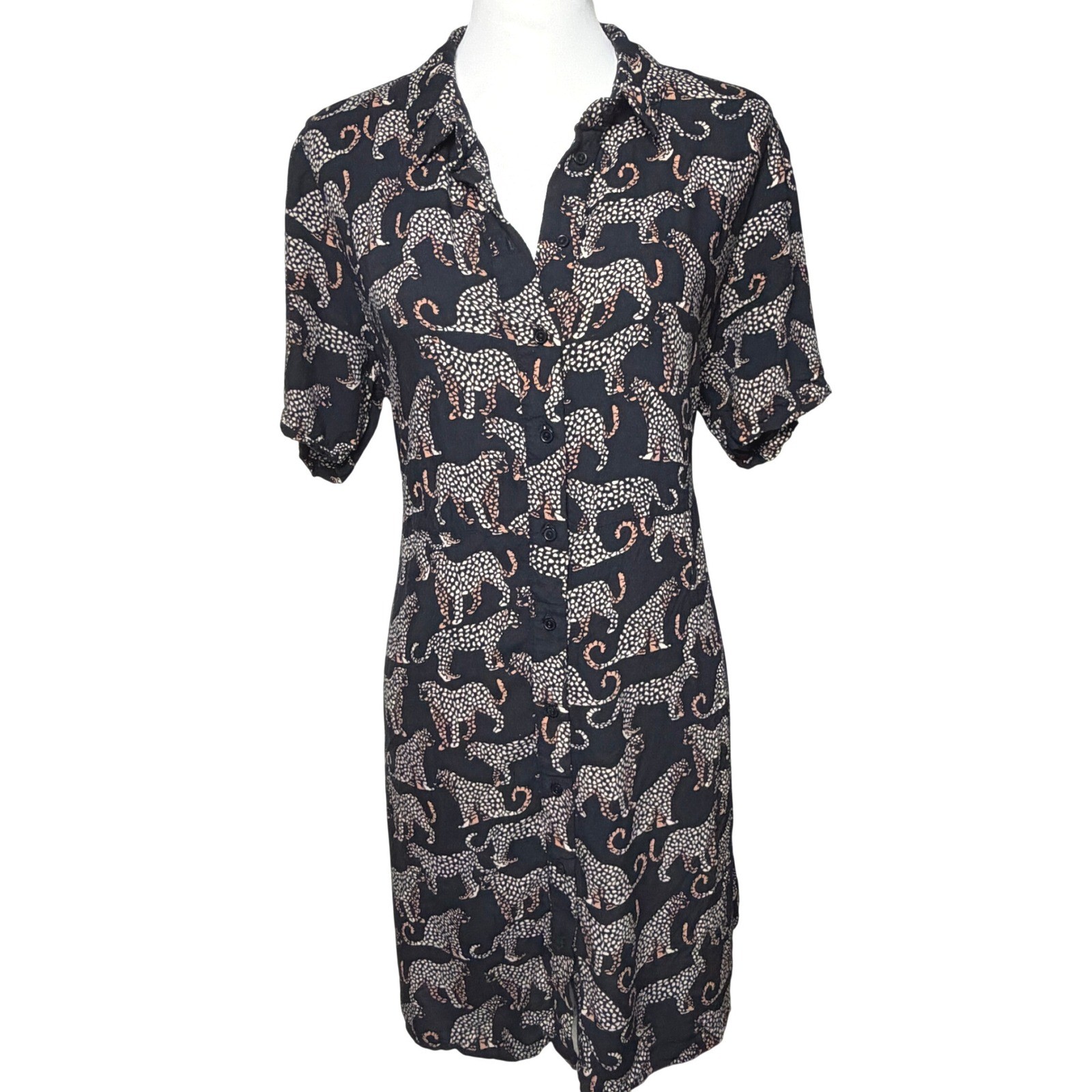 Sugarhill Brighton Navy Leopard Print Shirt Dress Short Sleeve US 12 Retro AOP