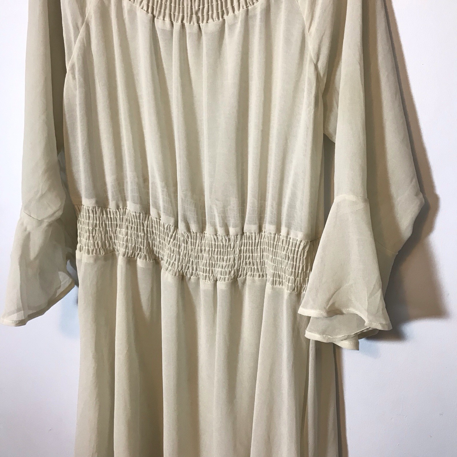 Vintage Y2K Sheer Gypsy Coquette Flowy Smocked Bodice Asymmetrical Off White XL