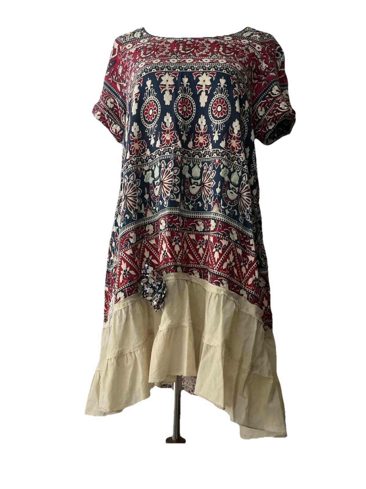 Unbranded Boutique Dress M Patchwork Ruffled Shift Mini Boho Cottagecore NWOT