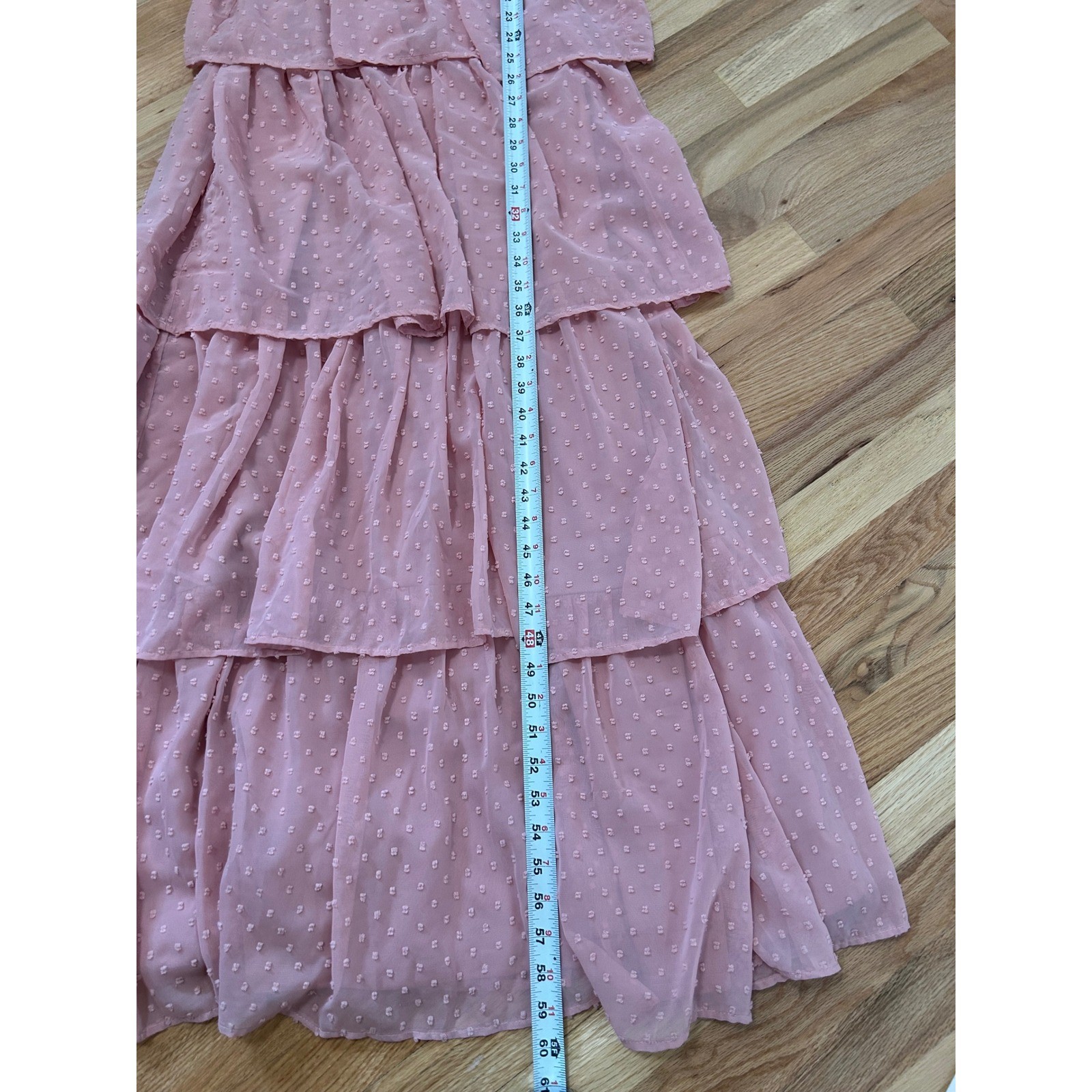 Lulus Dusty Rose Swiss Dot Tiered Maxi Dress Pleated V-Neck Pink Size L
