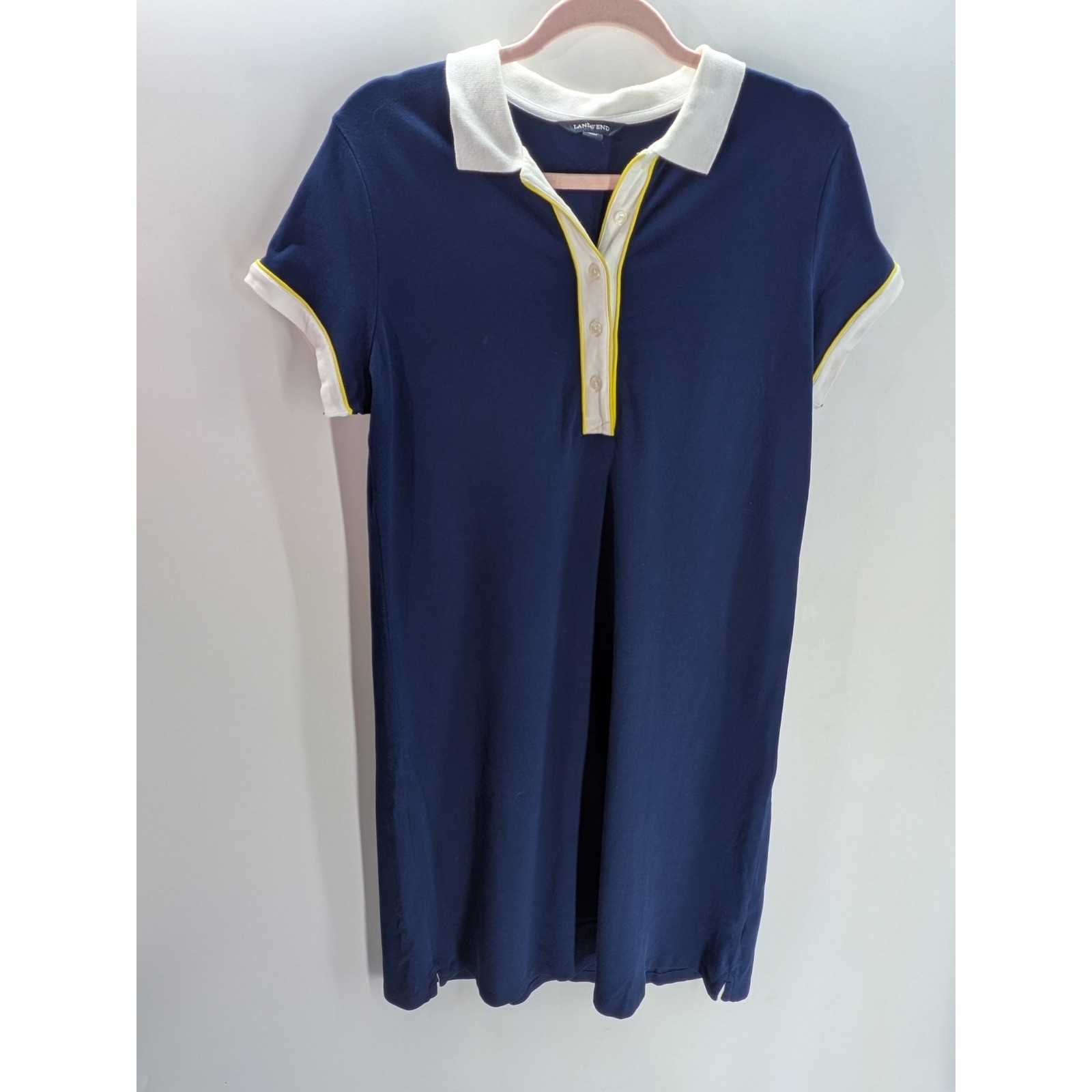Lands End Womens Navy Blue Polo Dress White Yellow Trim Short Sleeve S M 10-12