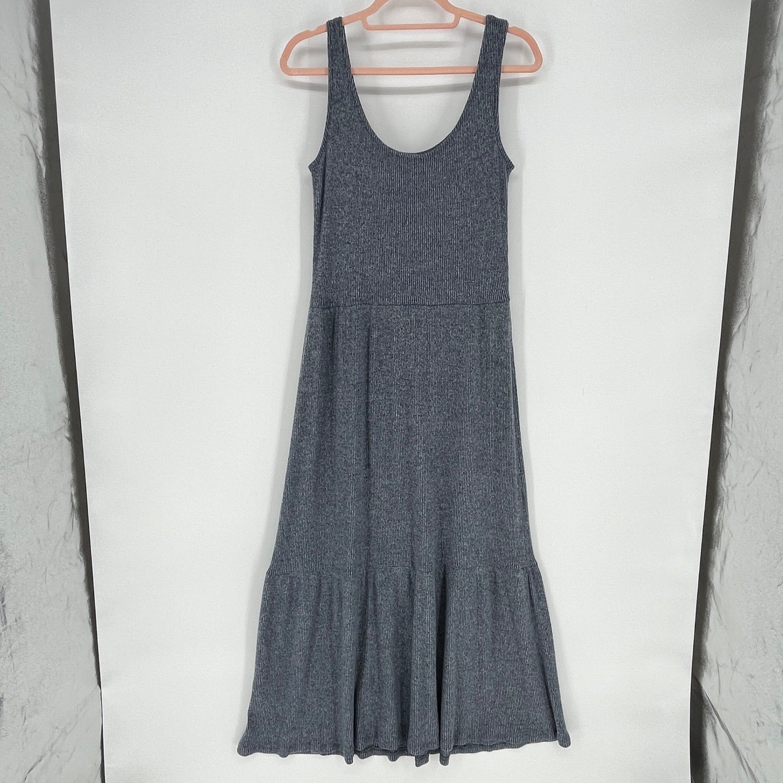 Daily Ritual Ribbed Knit Sleeveless Midi Dress Gray Tiered Hem Size S