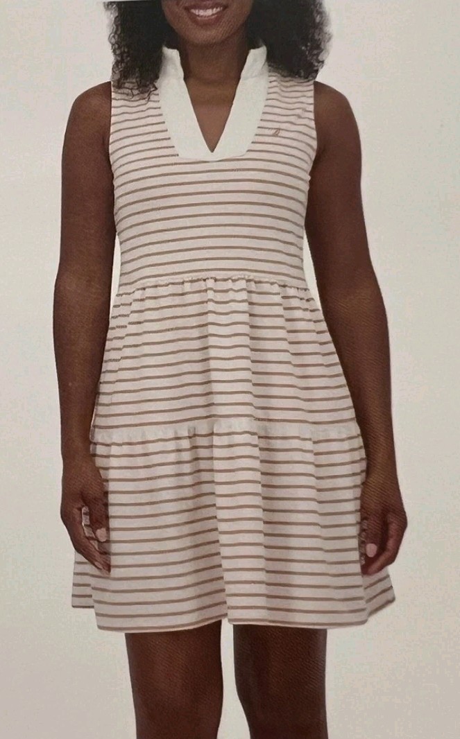 Nautica New Knit Sleeveless Dress Women’s XL Tiered Almond Ivory Stripe Pockets