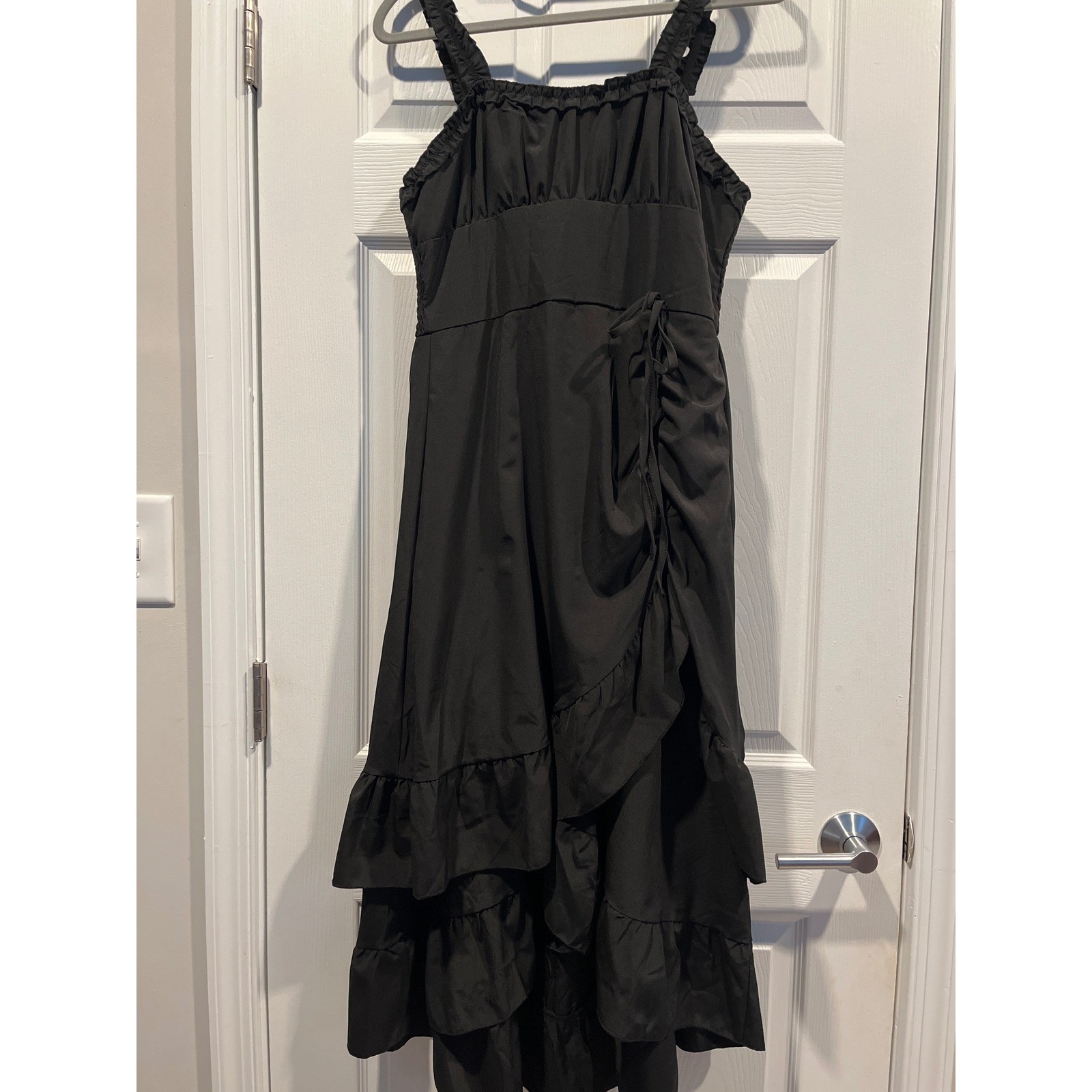 Black Ruffle Tiered Midi Dress Smocked Back High Low Asymmetrical Hem Sleeveless
