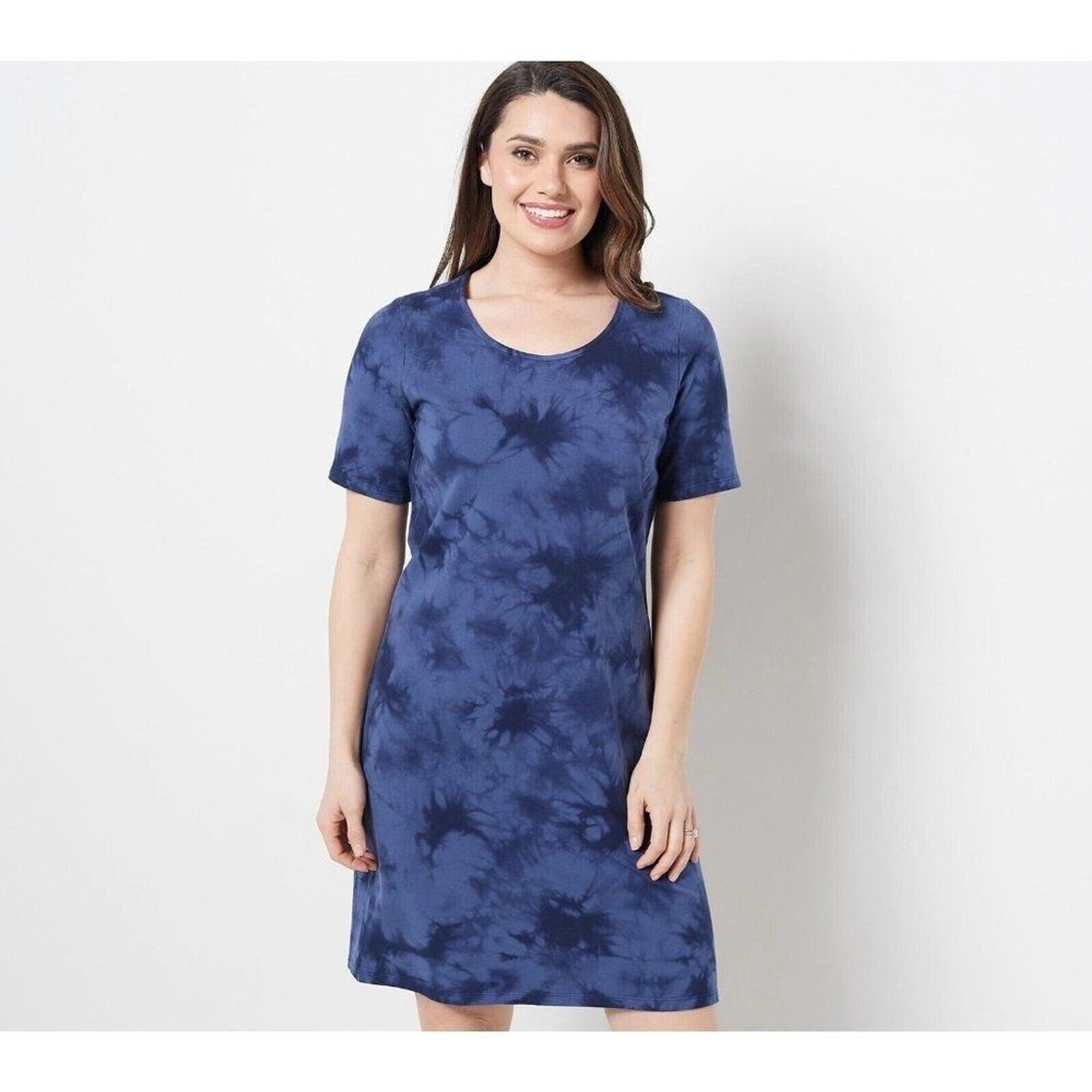 Denim & Co Women Dress sz LP Petite Shirt French Terry Tie Dye Navy Blue A471745