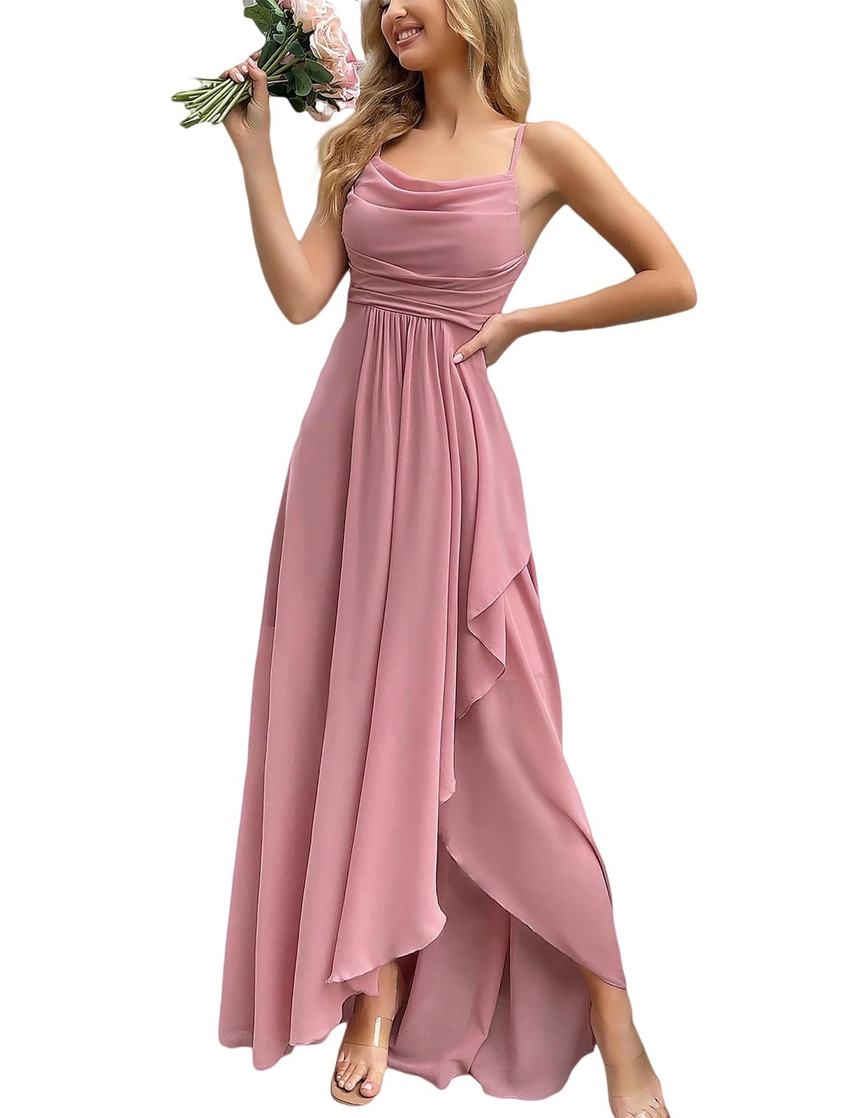 VOUIAO Women’s Formal Evening Gown Long Prom Dress Wedding Guest Maxi Pink S