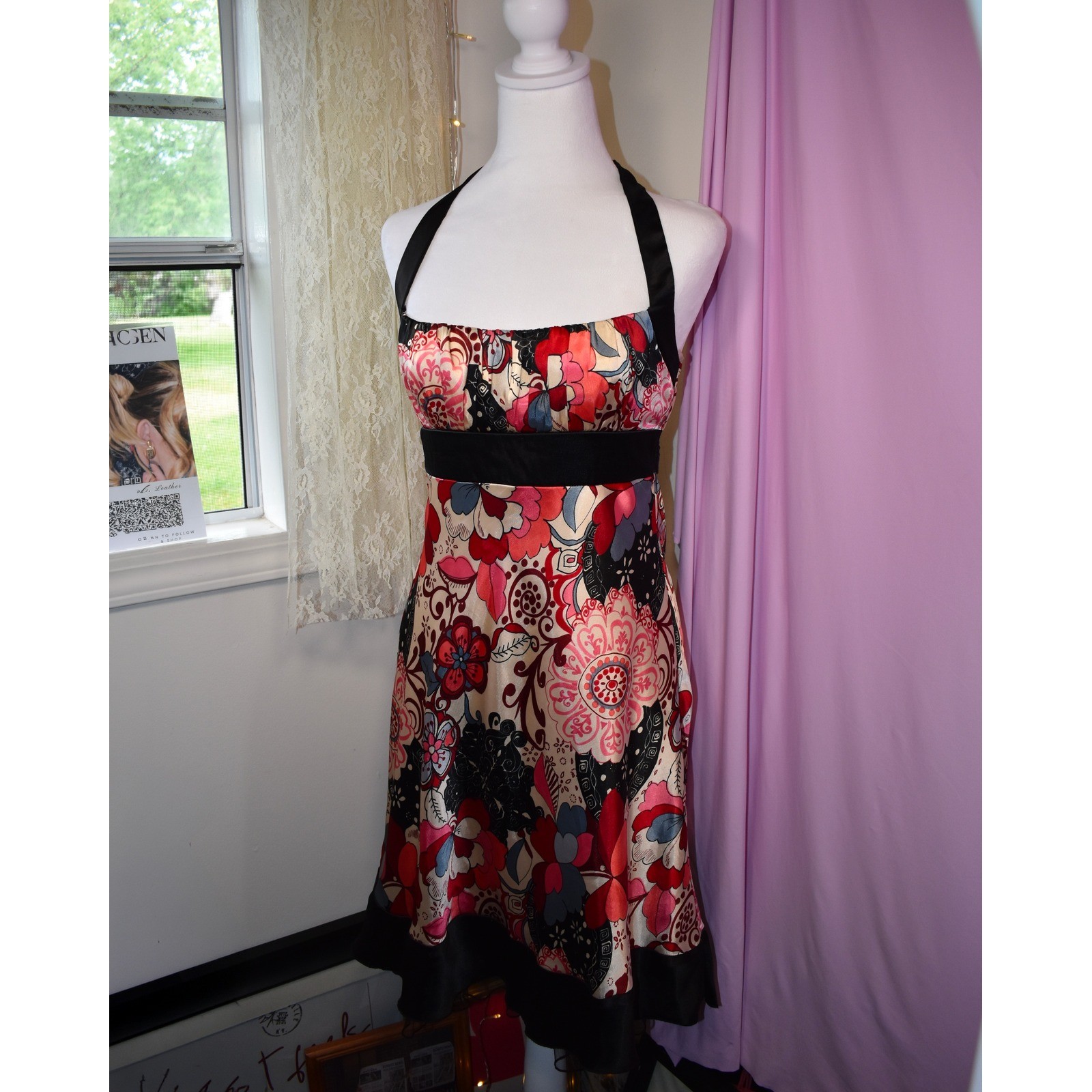 Vintage Trixxi Floral Halter Dress Red Pink Black Satin Trim Made in USA Size 3