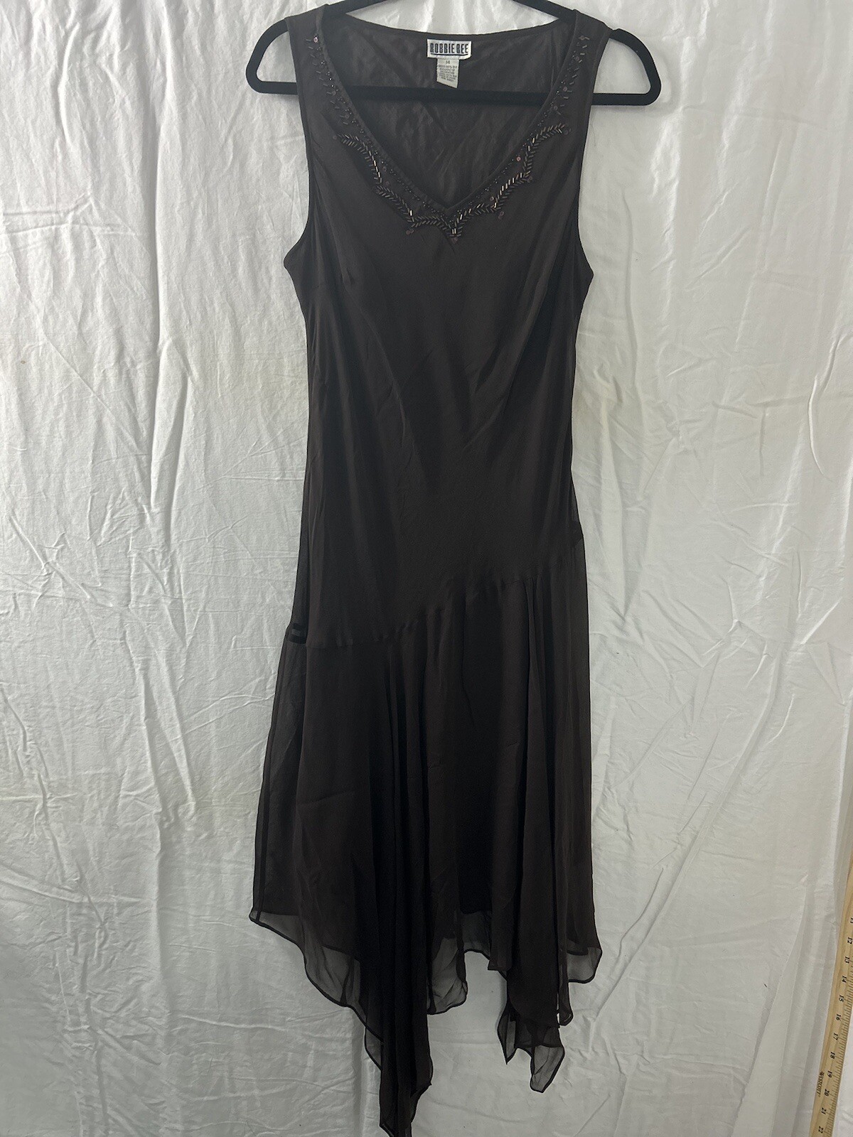 Y2K Robbie Bee 100% Silk Brown Beaded Maxi Dress Asymmetrical Sz 14 Fairy Whimsy