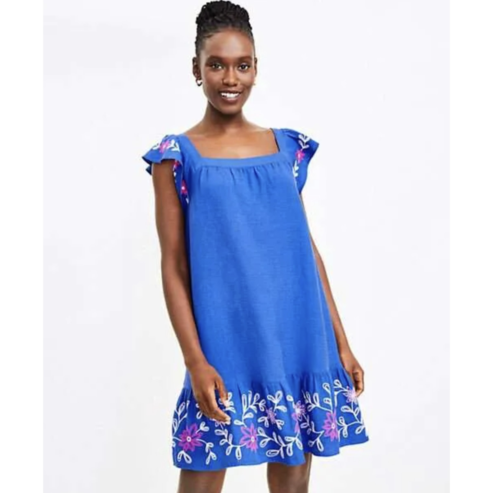 LOFT Dress Womens L Blue Floral Embroidered Linen Viscose Shift Sundress