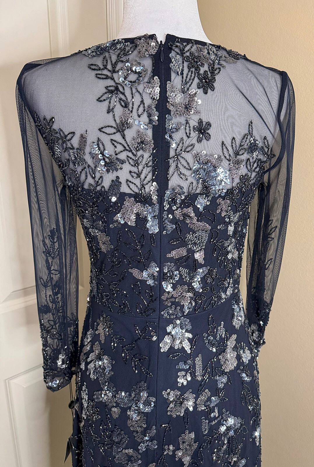 Adrianna Papell Floral Sequin Beaded Sheer Navy Dress NWT Size 6