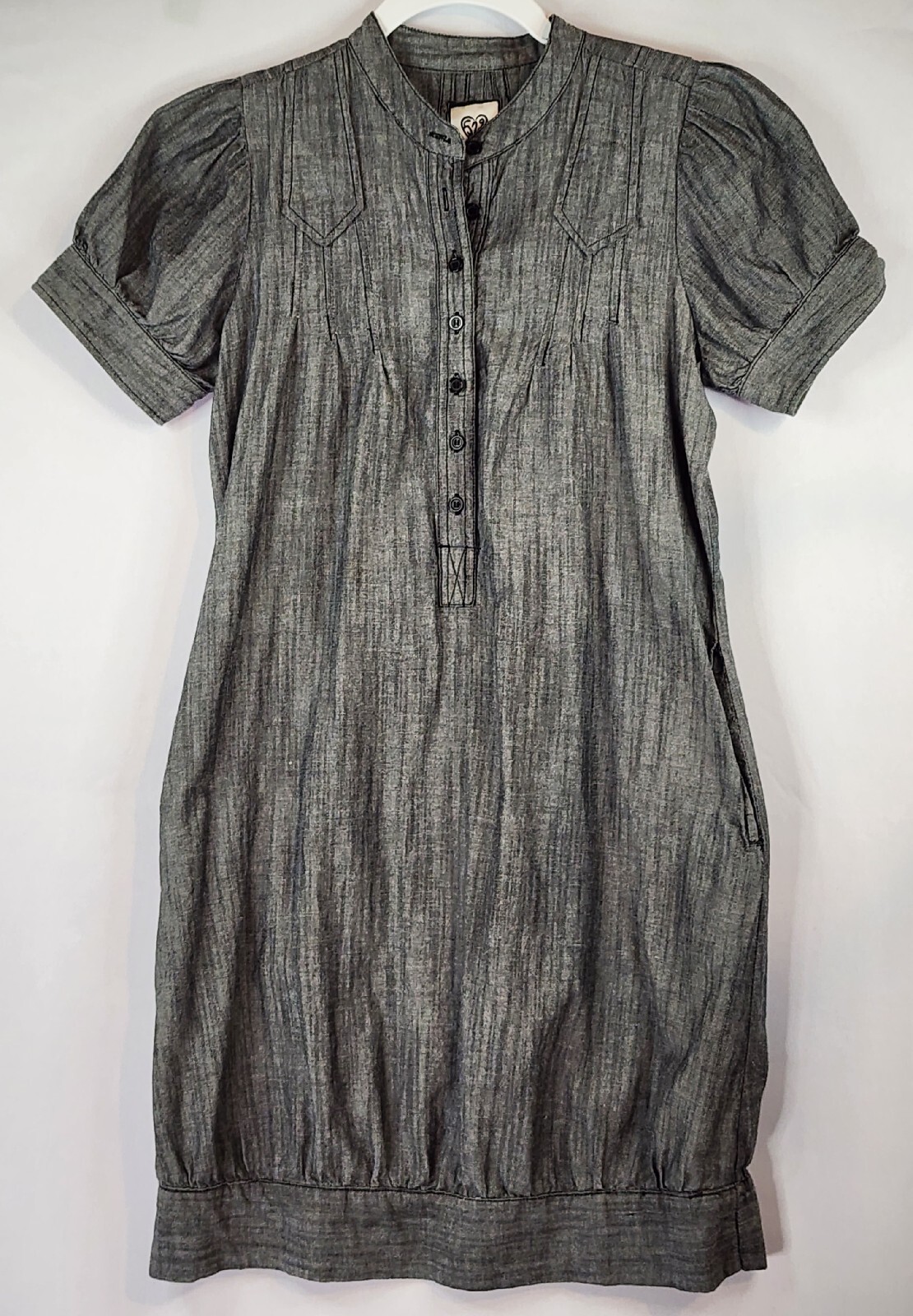 579 Dress Womens Small Faded Black Chambray Distressed Puffy Short Sleeve