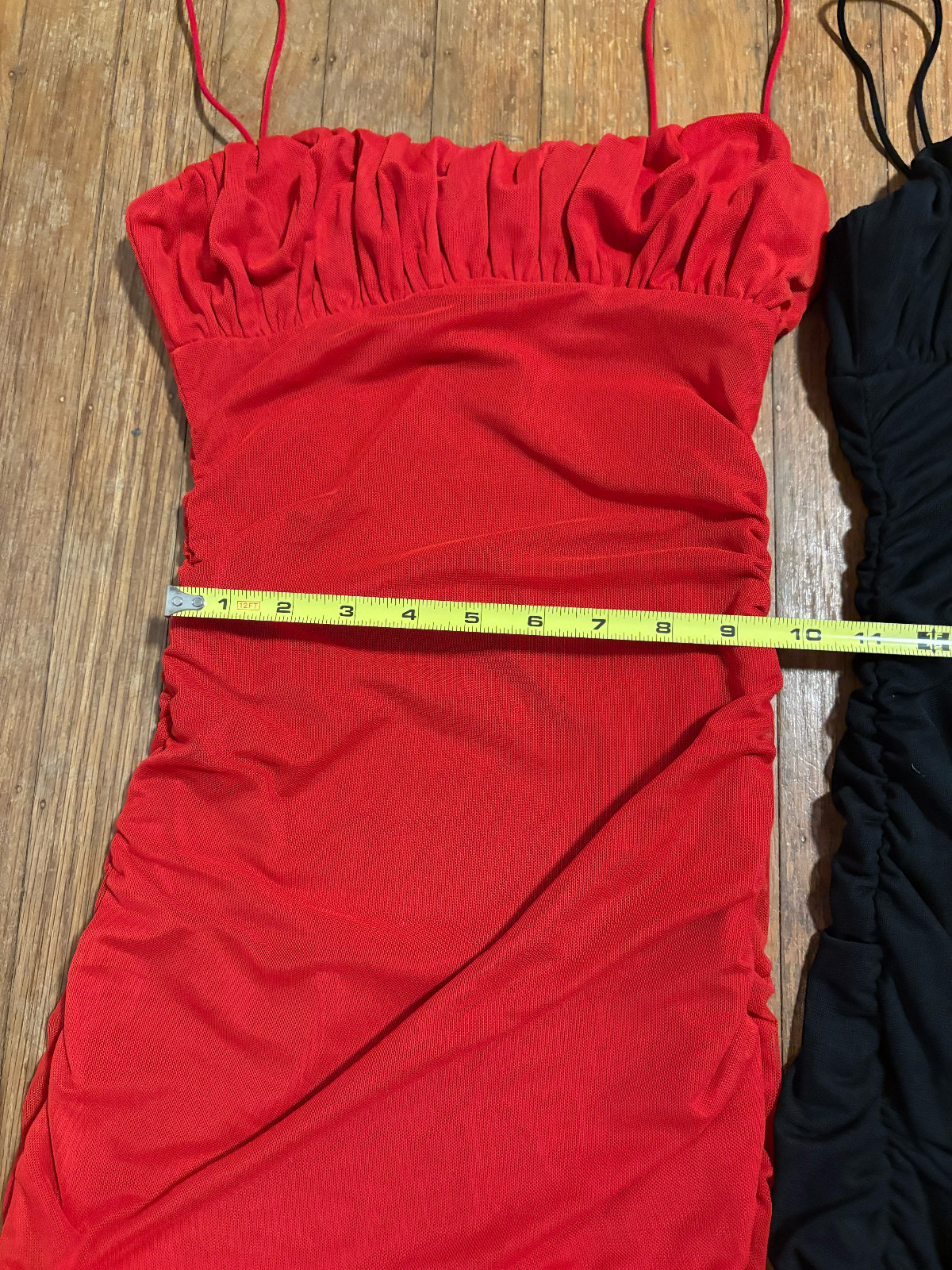 Women’s Solid Ruched Mesh Bodycon Spaghetti Strap Mini Dress Red or Black US2