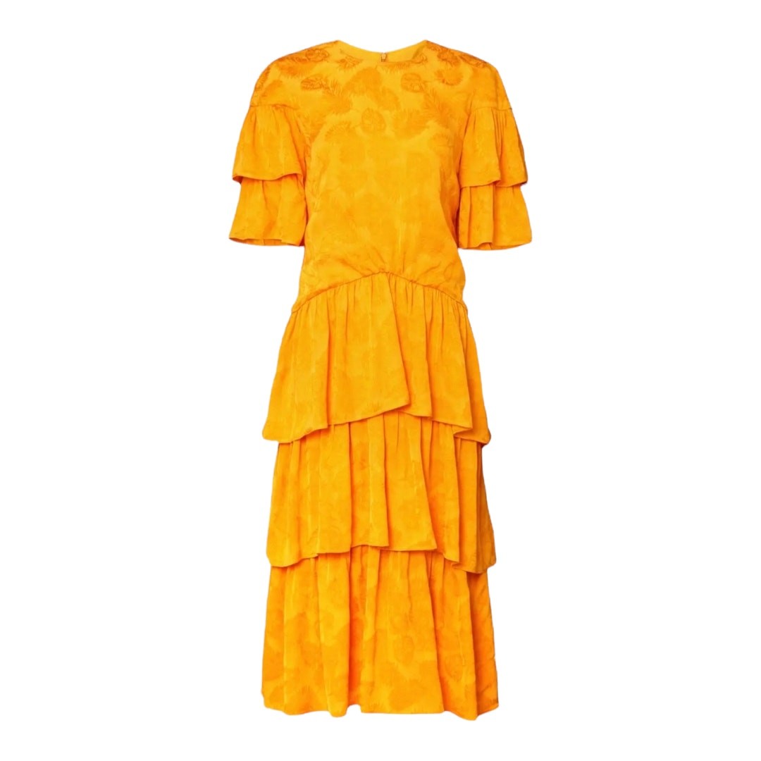 Rejina Pyo Laura Marigold Tiered Ruffle Midi Dress US 2 UK 6 Designer Jacquard