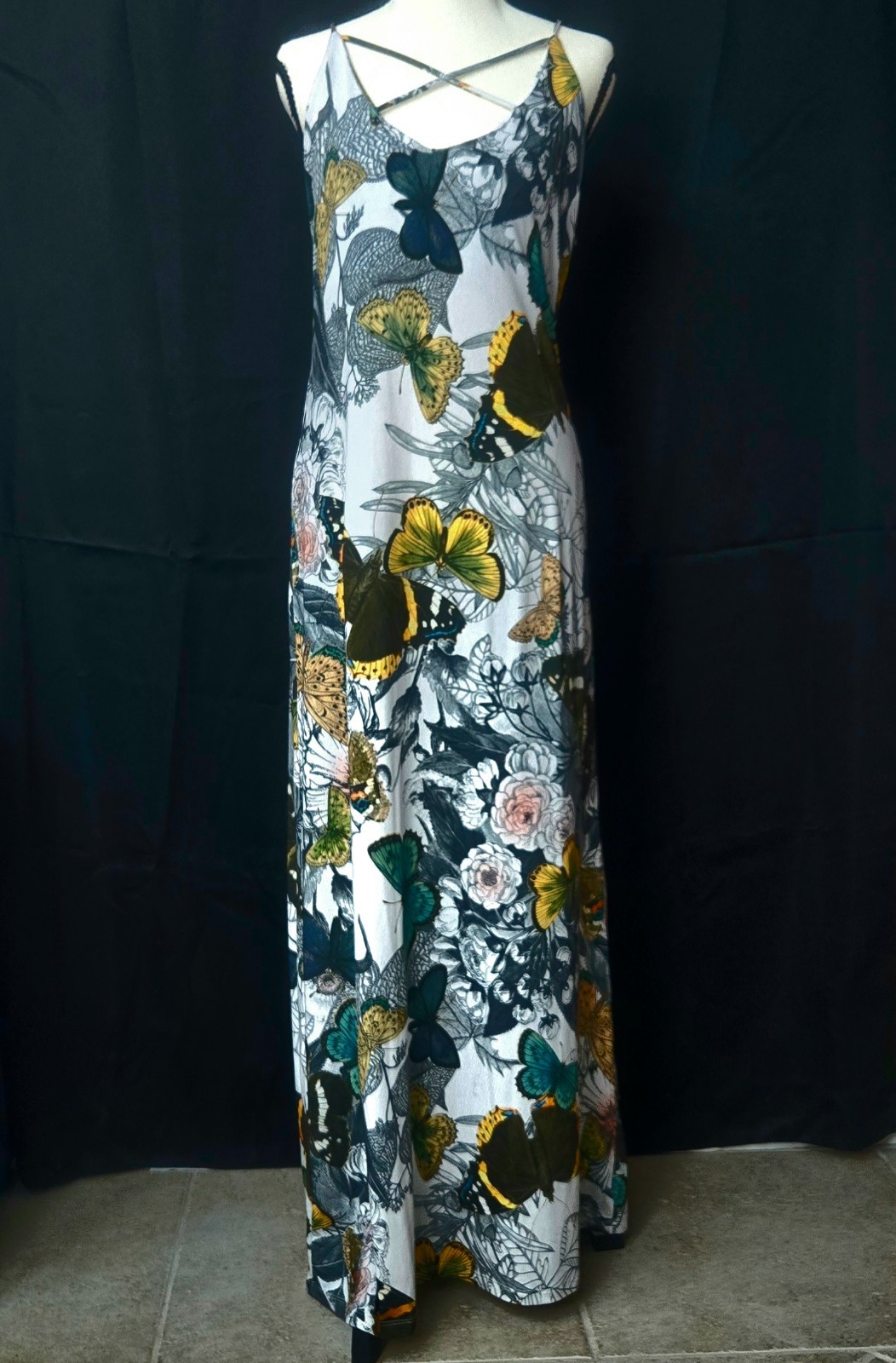 Jean Pierre Klifa Paris Spaghetti Maxi Dress Butterfly Floral Resort Stretch S