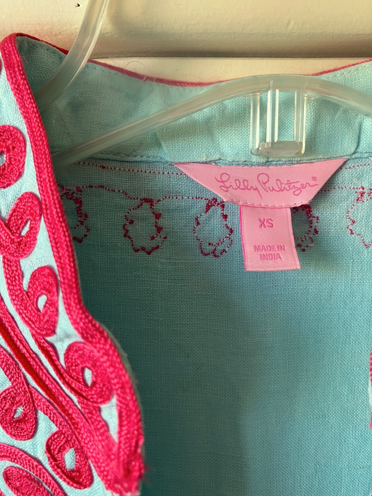 Lily Pulitzer Sky Blue Linen Shift Dress Hot Pink Braided Neck XS–Excel Cond