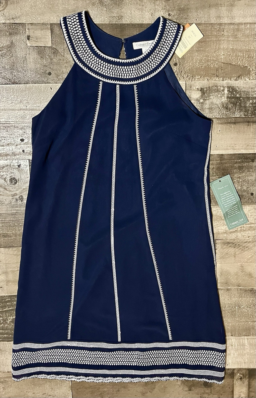 Coldwater Creek Navy Blue Sleeveless Dress Write Embroidery Formal Size 10