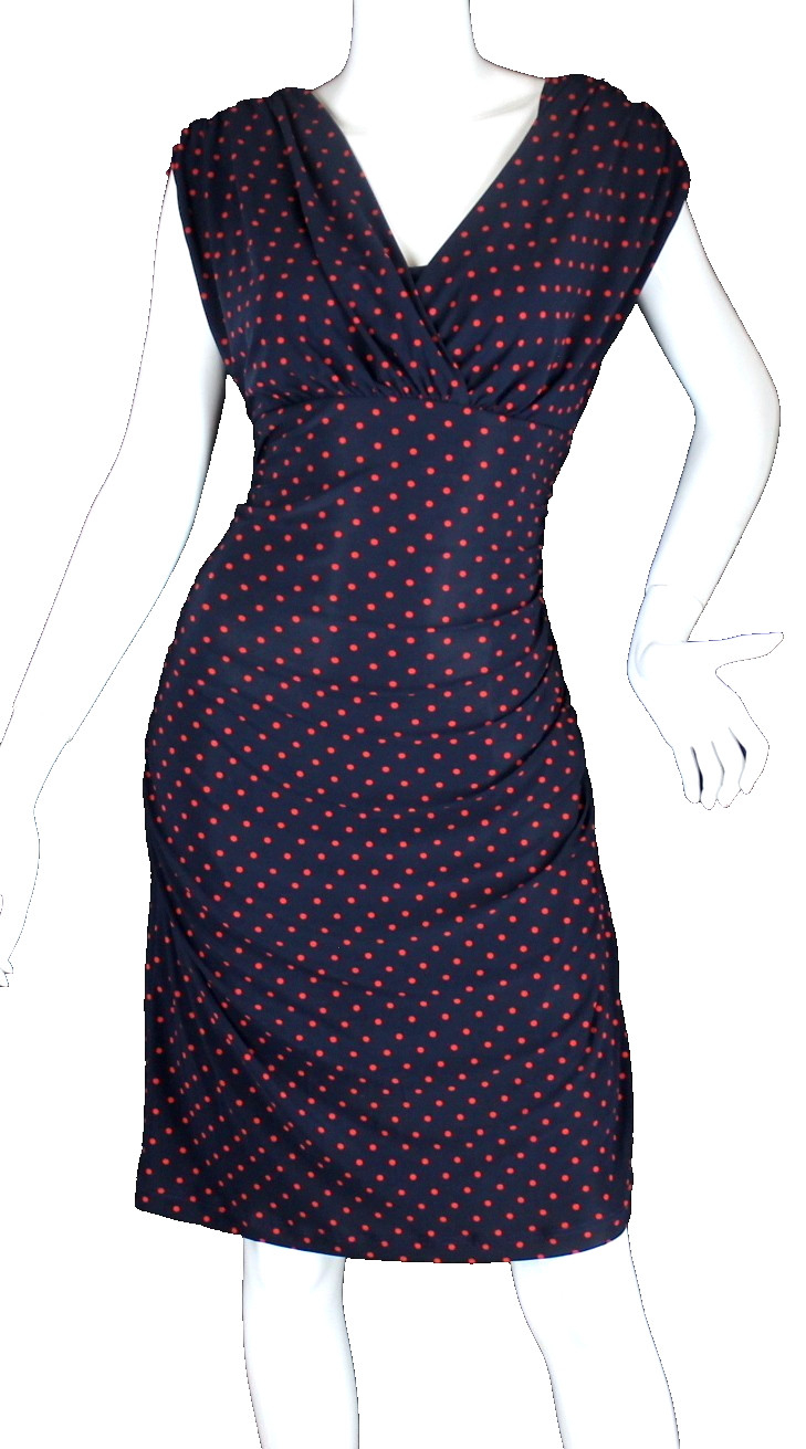 {EVAN PICONE} Dress Sheath Sz. 12 Blue/Red Polka Dot Ruched Stretch Lined Zip