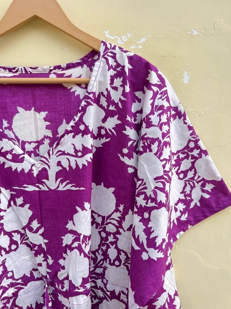 Indian Purple Floral Handmade Cotton Kaftan Maxi Dress Women’s Clothing Gown US