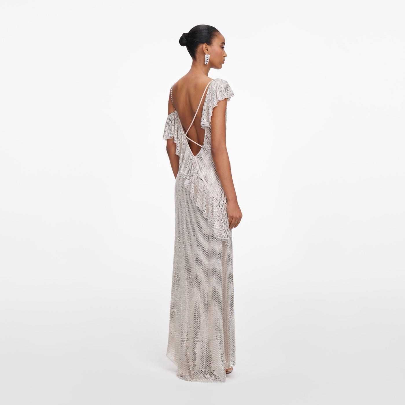 Self Portrait CHAMPAGNE RHINESTONE RUFFLE DRAPED DRESS $ 1030 Size US 0 UK 4